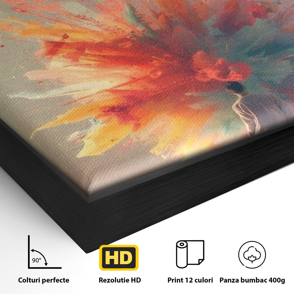 Detaliu al suprafetei: tablou canvas cu barbat privind o explozie de culoare dintr-o carte deschisa, in rama de aluminiu negru